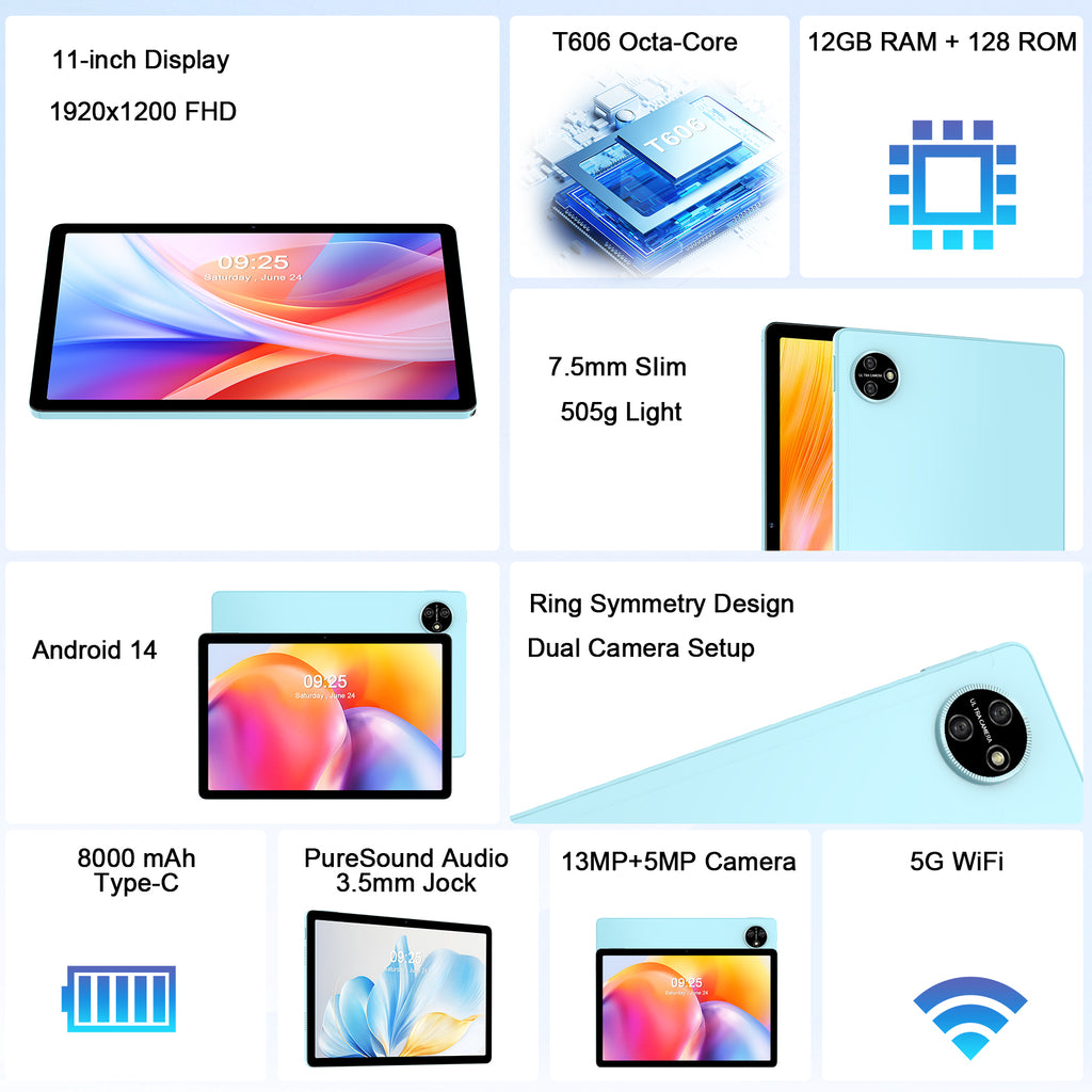 HiMex 11" Tablet -1920x1200 FHD Display, 6GB+128GB, Android 14 Work & Study