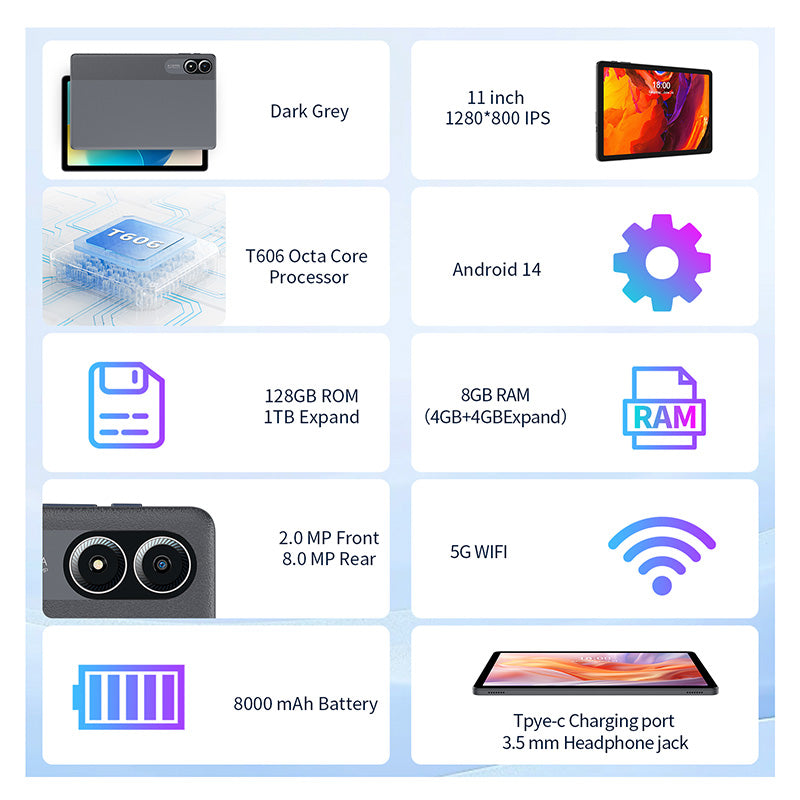 HiMex 11" Large Screen Tablet Android 14, 4+128GB, 2.4/5GHz Wi-Fi Only Tab